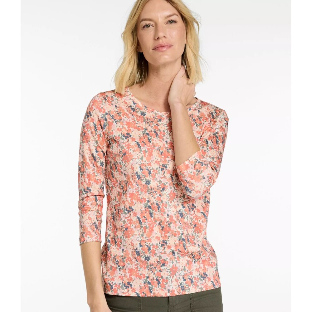 L.L.Bean Women's Pima Cotton Shaped Jewelneck Tee size M 3/4 Sleeve Floral Print